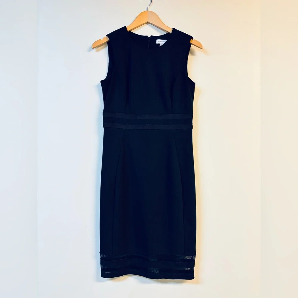 Calvin Klein Black Sleeveless Shift Dress Sheer Hem Size 4 - Picture 2 of 8